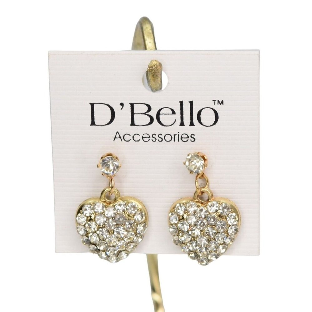 DBello Earrings Heart Rhinestone Encrusted Dangle Gold Tone CZ Pierced Post